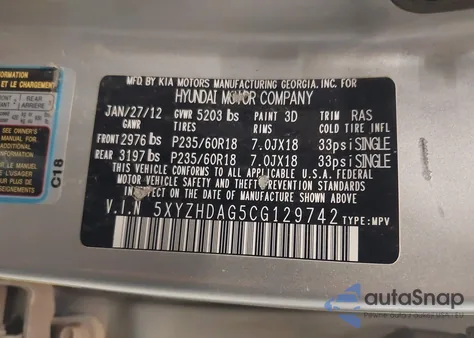 2012 Hyundai Santa Fe Se z USA, uszkodzony, nr VIN 5XYZHDAG5CG129742